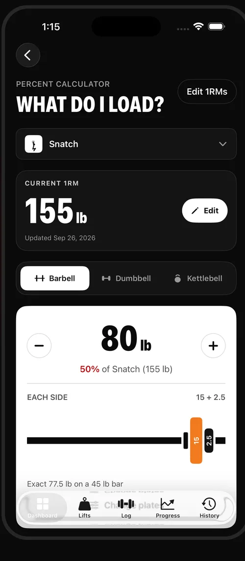 Thrustr weight calculator: Snatch at 50% of 155 lb is 80 lb, 15 + 2.5 each side
