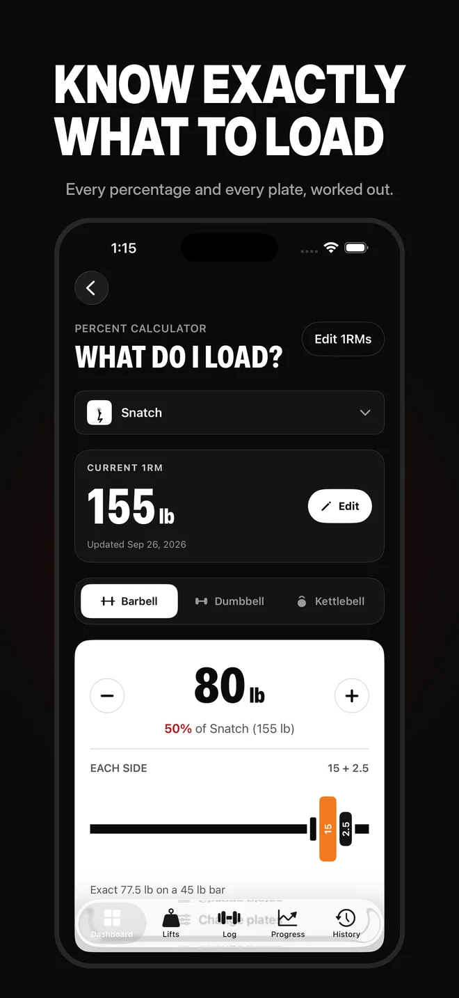Weight calculator showing Snatch at 50% of 155 lb and the plates for each side