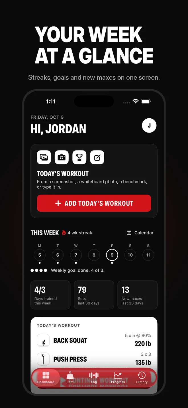 Dashboard with today's workout, weekly streak and goal