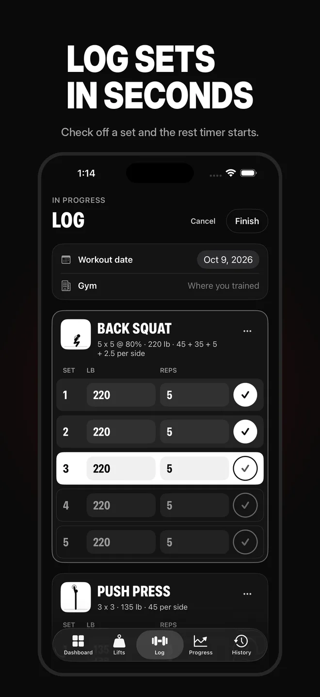 Log screen mid-workout with sets checked off