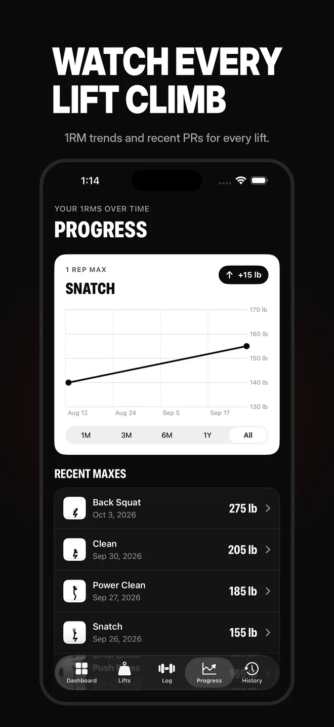 Progress chart of 1RM over time and recent maxes
