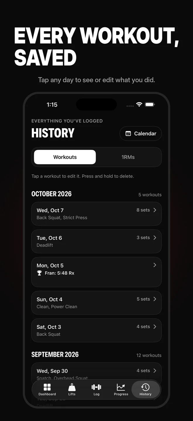 History list of every workout by month